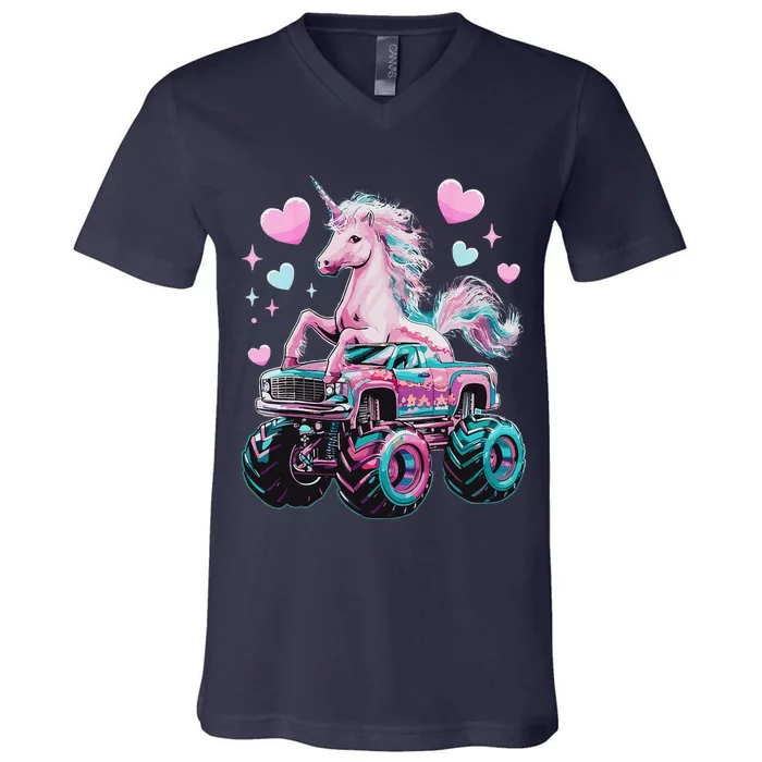 Monster Truck Unicorn Girl Birthday Party Monster Truck V-Neck T-Shirt