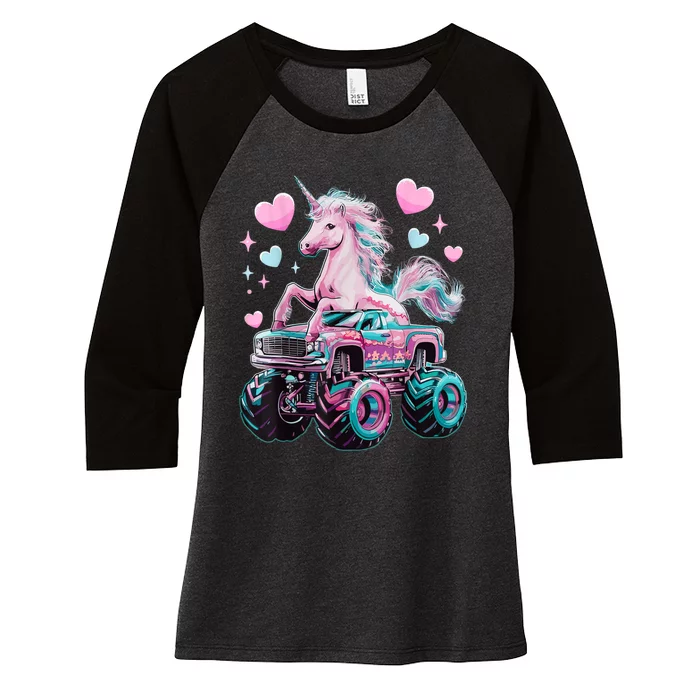 Monster Truck Unicorn Girl Birthday Party Monster Truck Women's Tri-Blend 3/4-Sleeve Raglan Shirt