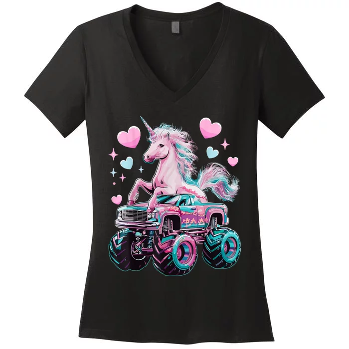 Monster Truck Unicorn Girl Birthday Party Monster Truck Women's V-Neck T-Shirt