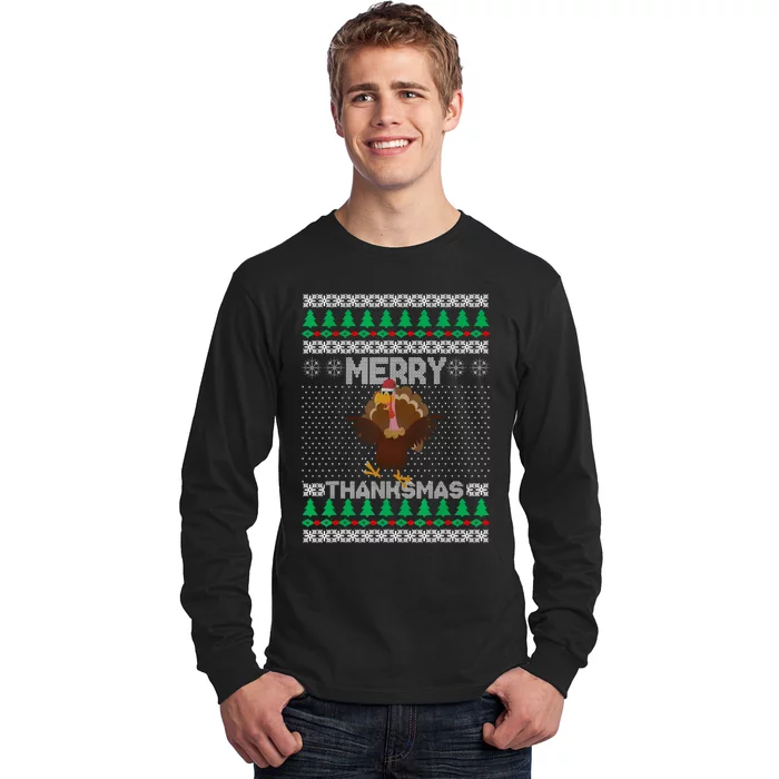 Merry Thanksmas Ugly Christmas Thanksgiving Turkey Long Sleeve Shirt