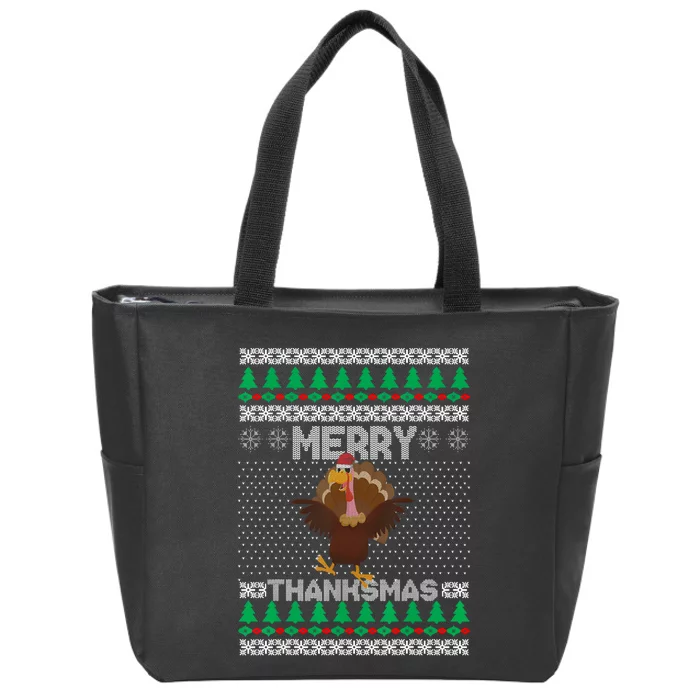 Merry Thanksmas Ugly Christmas Thanksgiving Turkey Zip Tote Bag