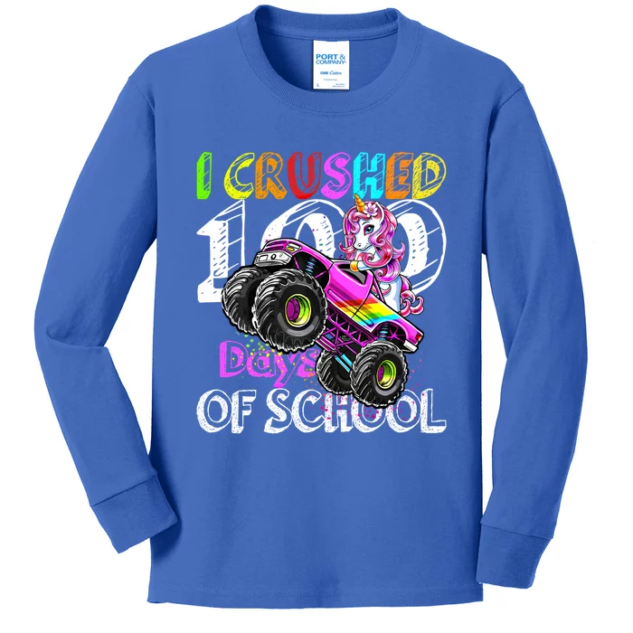 Monster Truck Unicorn I Crushed 100 Days Of School Funny Gift Meaningful Gift Kids Long Sleeve Shirt