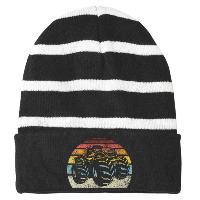 Monster Truck Vintage Retro Style Gift Striped Beanie with Solid Band