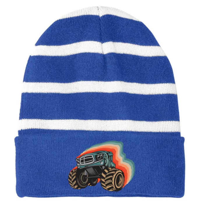 Monster Trucks Vintage Retro Vintage Monster Trucks Funny Gift Striped Beanie with Solid Band