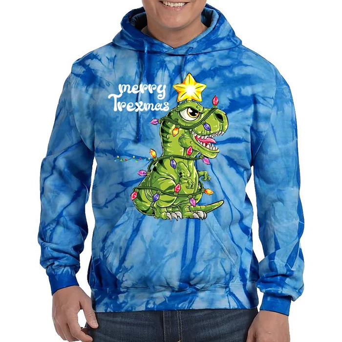 Merry Trexmas With Christmas Lights Funny Dinosaur Tree Rex Gift Tie Dye Hoodie