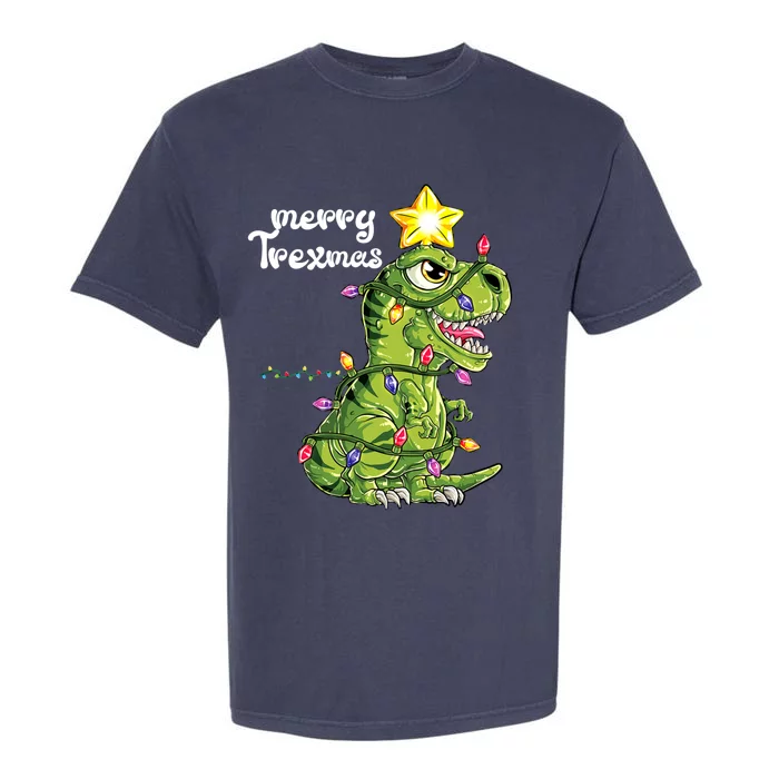 Merry Trexmas With Christmas Lights Funny Dinosaur Tree Rex Gift Garment-Dyed Heavyweight T-Shirt