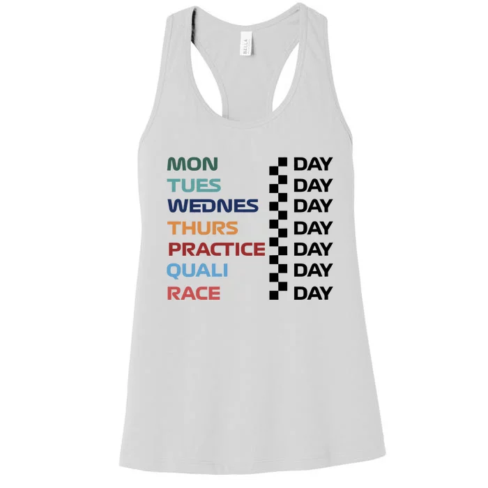 Mon Tues Wednes Thurs Practice Quali Race Day Women's Racerback Tank