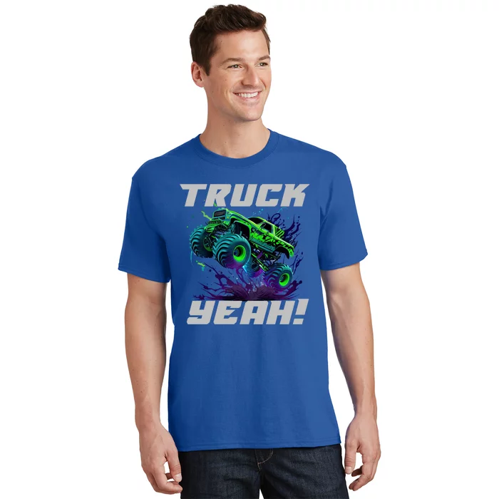 Monster Truck Yeah Cool Vaporwave Mud Splattered Green Blue Gift T-Shirt