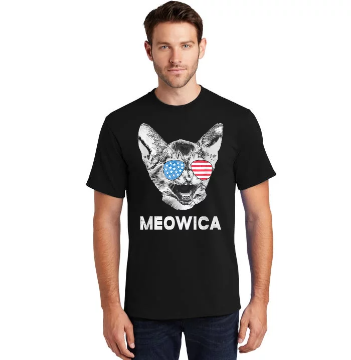 Meowica Usa American Flag Cat July 4 Tall T-Shirt