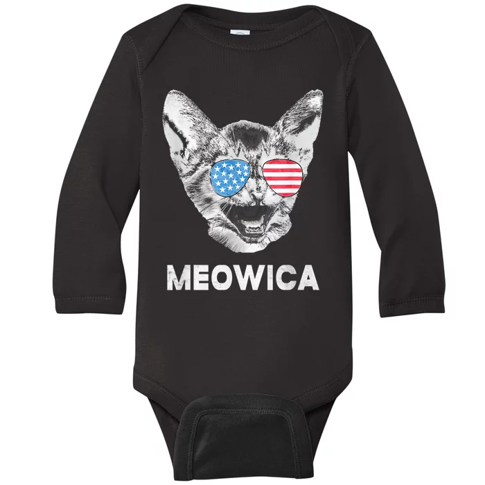 Meowica Usa American Flag Cat July 4 Baby Long Sleeve Bodysuit