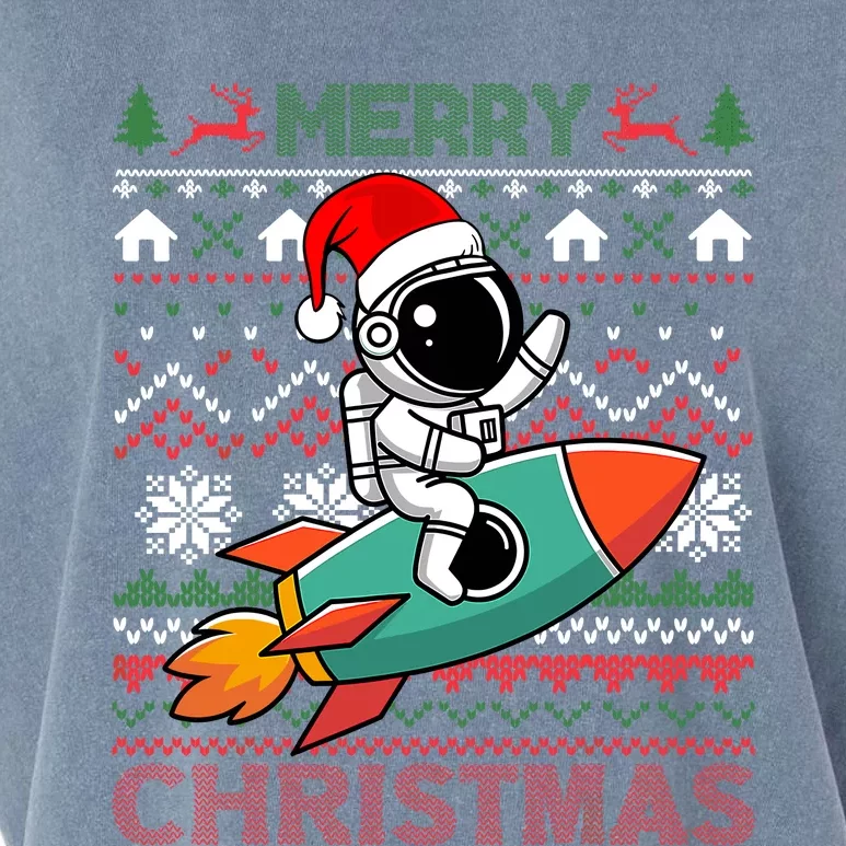 Merry Ugly Christmas Santa Hat Astronaut Riding Rocket Xmas Garment-Dyed Women's Muscle Tee