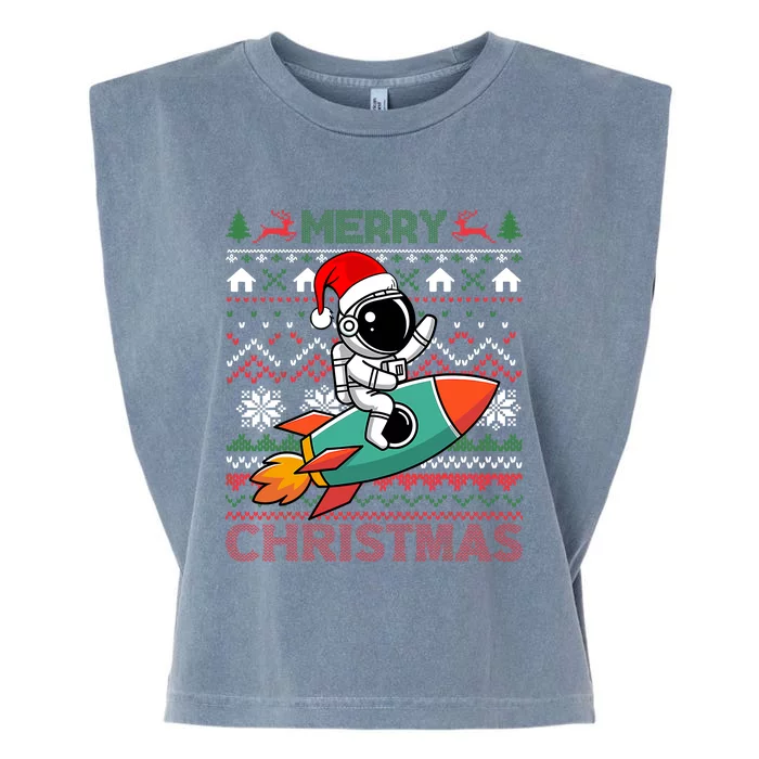 Merry Ugly Christmas Santa Hat Astronaut Riding Rocket Xmas Garment-Dyed Women's Muscle Tee