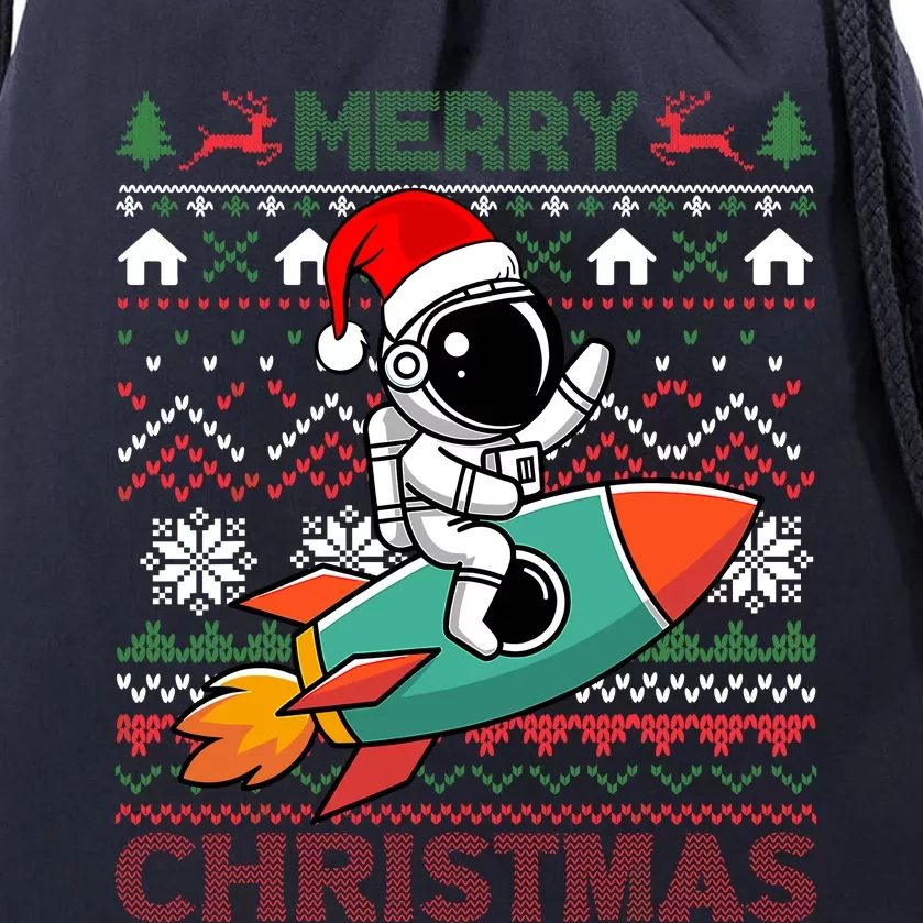 Merry Ugly Christmas Santa Hat Astronaut Riding Rocket Xmas Drawstring Bag