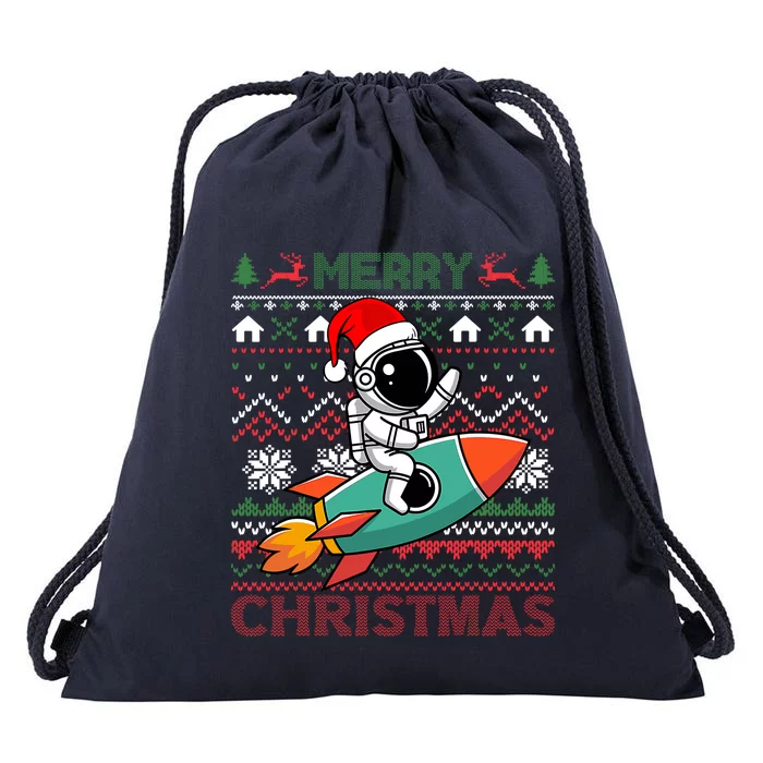 Merry Ugly Christmas Santa Hat Astronaut Riding Rocket Xmas Drawstring Bag