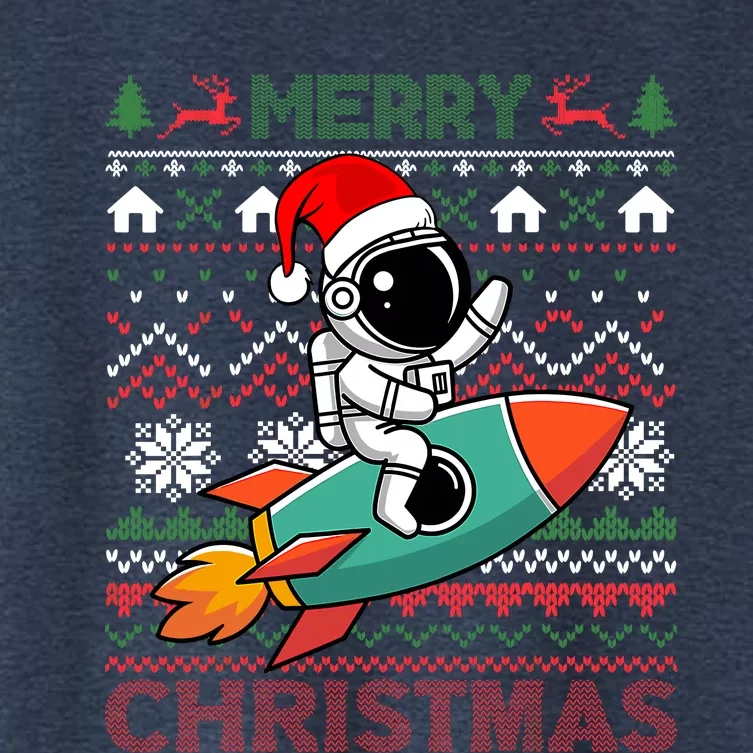 Merry Ugly Christmas Santa Hat Astronaut Riding Rocket Xmas Women's Crop Top Tee