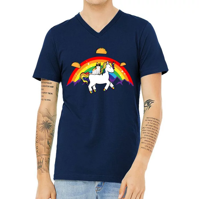 Magical Unicorn Cat Taco Rainbow V-Neck T-Shirt