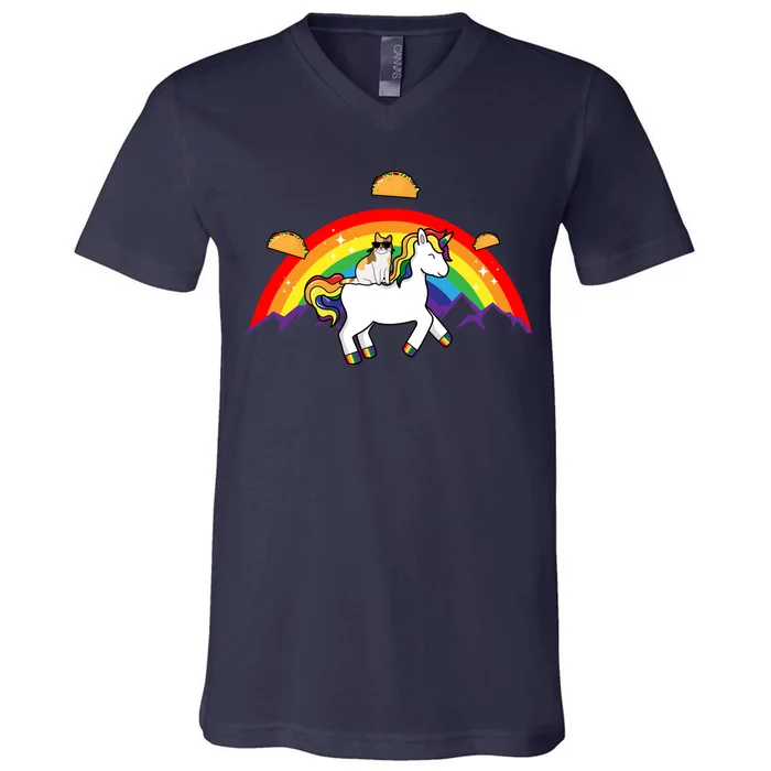 Magical Unicorn Cat Taco Rainbow V-Neck T-Shirt