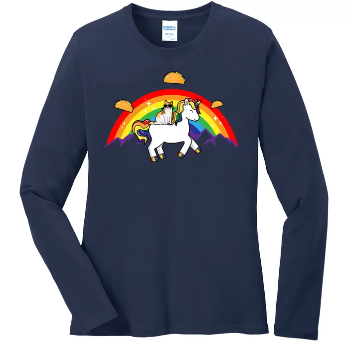 Magical Unicorn Cat Taco Rainbow Ladies Long Sleeve Shirt