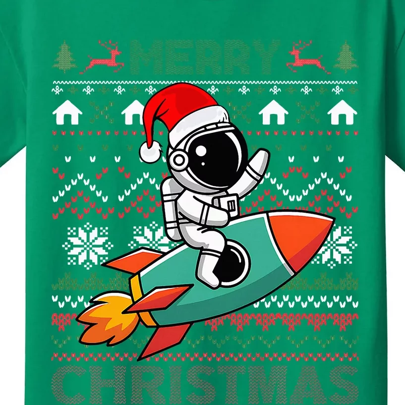 Merry Ugly Christmas Santa Hat Astronaut Riding Rocket Xmas Kids T-Shirt