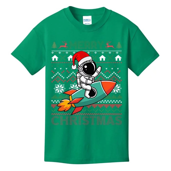 Merry Ugly Christmas Santa Hat Astronaut Riding Rocket Xmas Kids T-Shirt