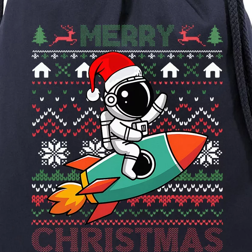 Merry Ugly Christmas Santa Hat Astronaut Riding Rocket Xmas Drawstring Bag