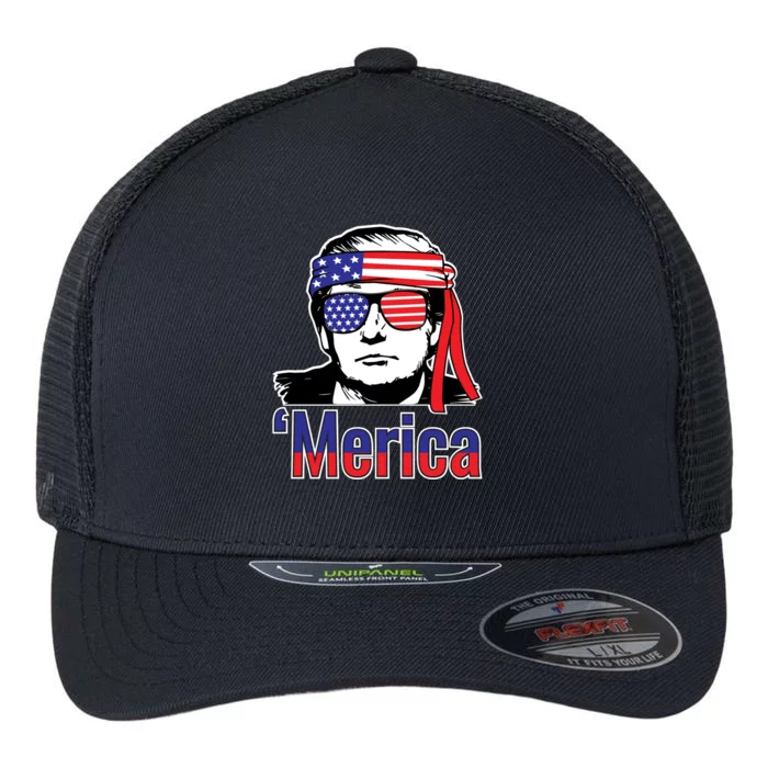 Merica Usa Flag Of President Trump Design Gift Flexfit Unipanel Trucker Cap