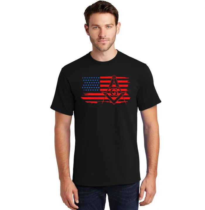 Mason Us Flag Square Compass Masonic Patriotic Freemason Tall T-Shirt