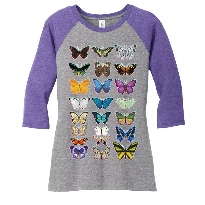 Multi Butterflies Botanical Species Women's Tri-Blend 3/4-Sleeve Raglan Shirt