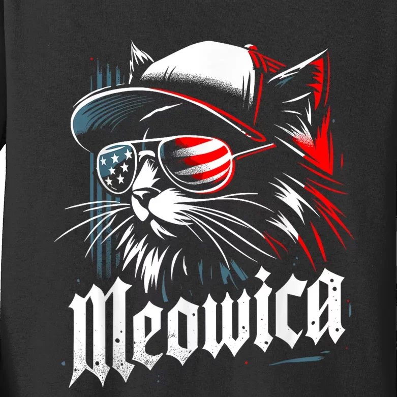 Meowica Usa Merica Cat 4th Of July Funny Patriotic Kids Long Sleeve Shirt