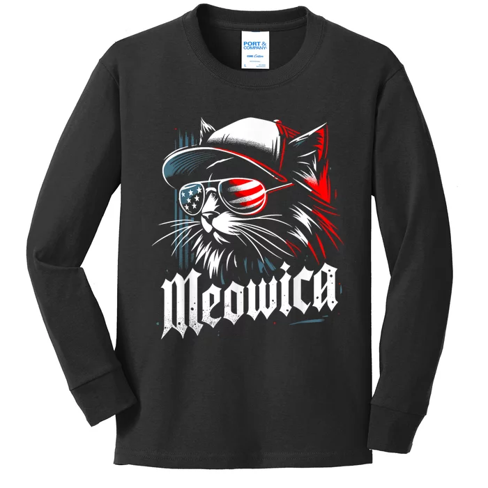 Meowica Usa Merica Cat 4th Of July Funny Patriotic Kids Long Sleeve Shirt