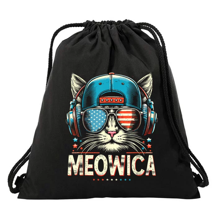 Meowica Usa Merica Cat 4th Of July Funny Patriotic Drawstring Bag