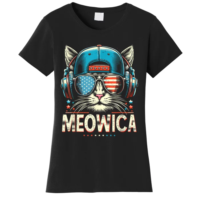 Meowica Usa Merica Cat 4th Of July Funny Patriotic Women's T-Shirt