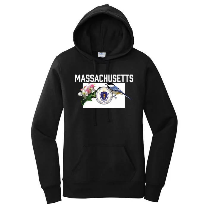 Massachusetts Us State Flag With State Bird Flower Women's Pullover Hoodie