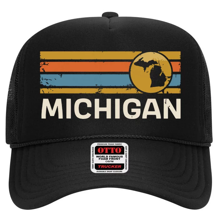 Michigan Us State Map Vintage Retro Stripes High Crown Mesh Trucker Hat