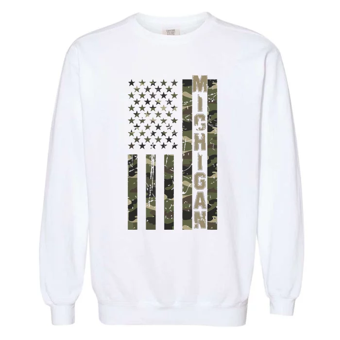 Michigan United States Distressed Camo Us Flag Garment-Dyed Sweatshirt