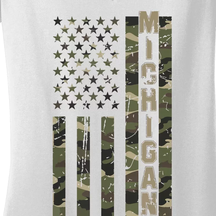 Michigan United States Distressed Camo Us Flag Women's V-Neck T-Shirt