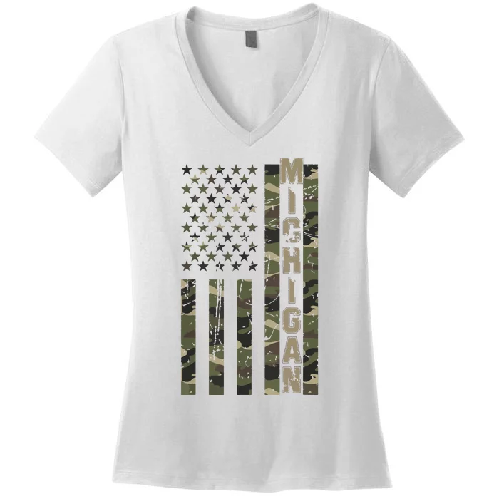 Michigan United States Distressed Camo Us Flag Women's V-Neck T-Shirt