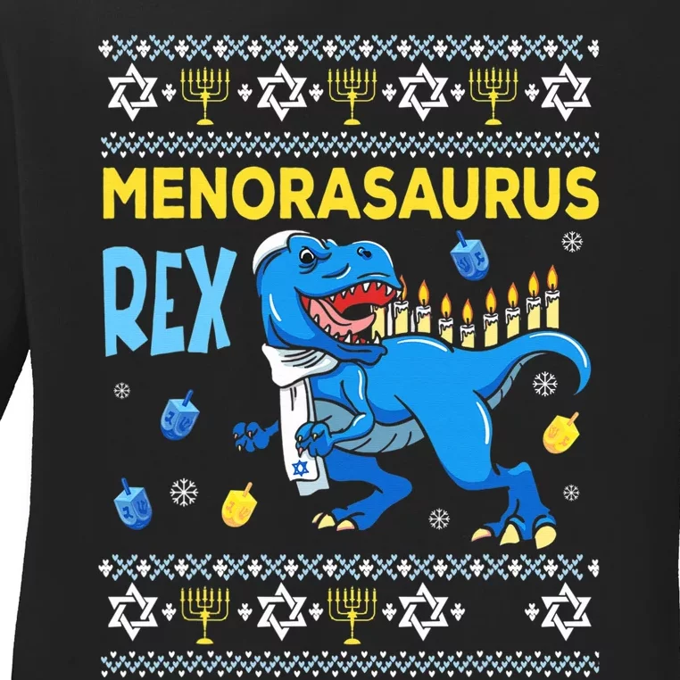 Menorasaurus Ugly Sweater Funny Hanukkah Dinosaur Ladies Long Sleeve Shirt