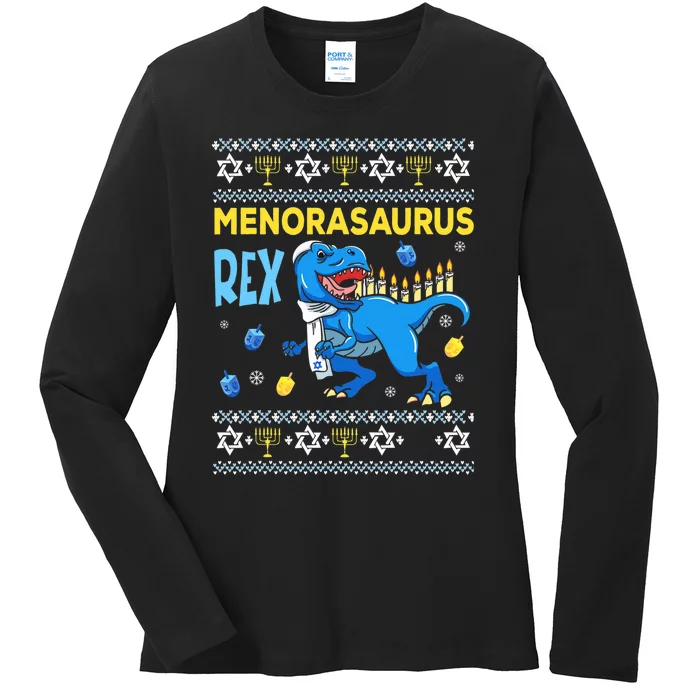 Menorasaurus Ugly Sweater Funny Hanukkah Dinosaur Ladies Long Sleeve Shirt