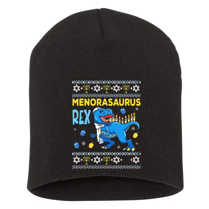 Menorasaurus Ugly Sweater Funny Hanukkah Dinosaur Short Acrylic Beanie