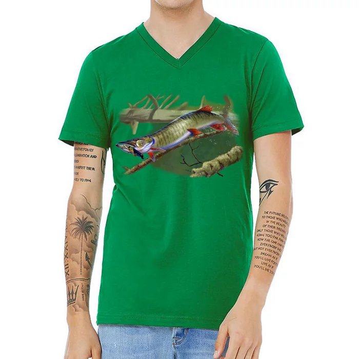 Musky Escape Route Fishing V-Neck T-Shirt