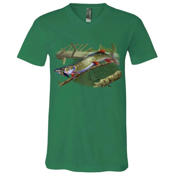 Musky Escape Route Fishing V-Neck T-Shirt