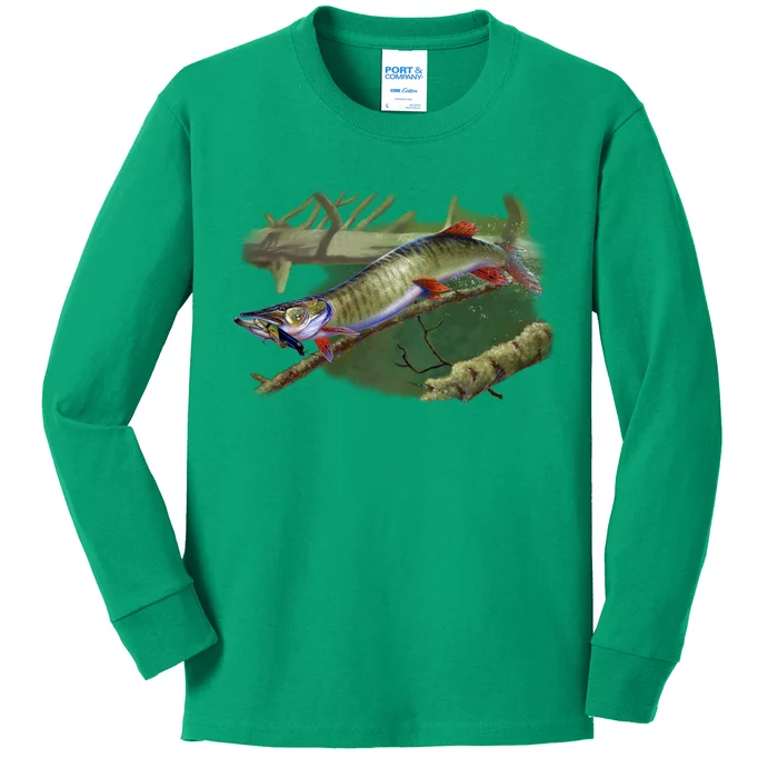 Musky Escape Route Fishing Kids Long Sleeve Shirt