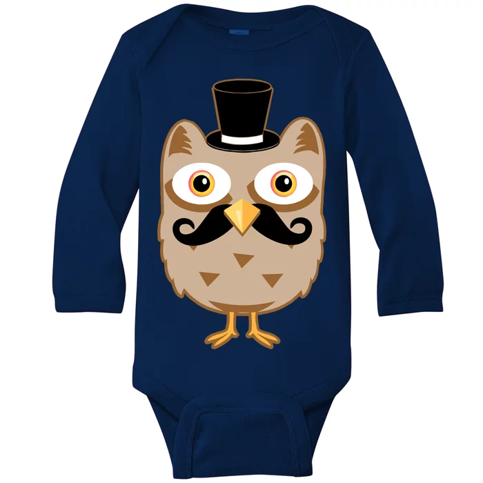 Mustache Owl With Hat Baby Long Sleeve Bodysuit