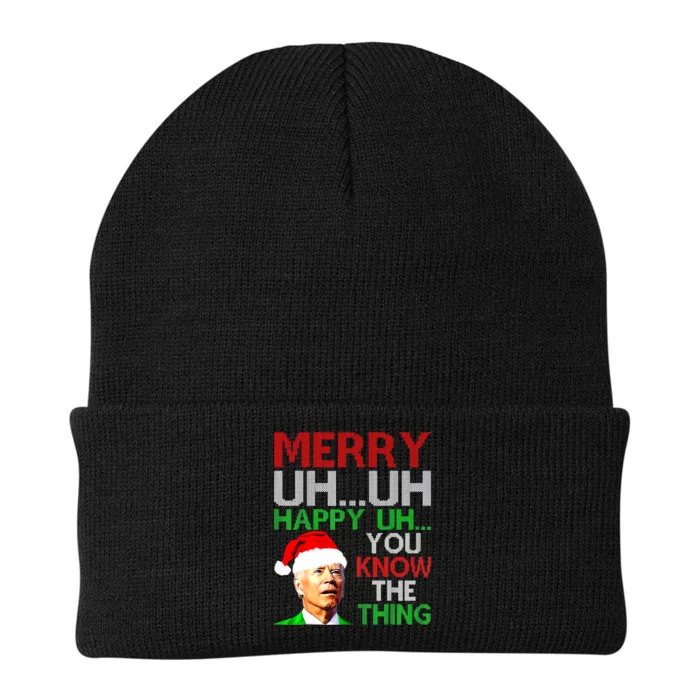 Merry Uh Uh Happy Uh Funny Joe Biden Ugly Christmas Sweater Knit Cap Winter Beanie