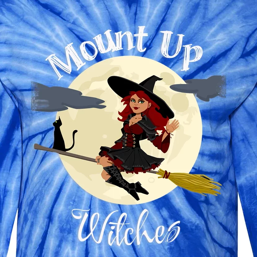 Mount Up Witches Halloween Witch On Broom Black Cat Moon Gift Tie-Dye Long Sleeve Shirt