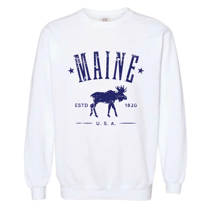 Maine Usa With Moose Distressed Design Souvenir Garment-Dyed Sweatshirt