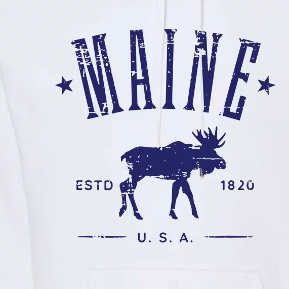 Maine Usa With Moose Distressed Design Souvenir Premium Hoodie