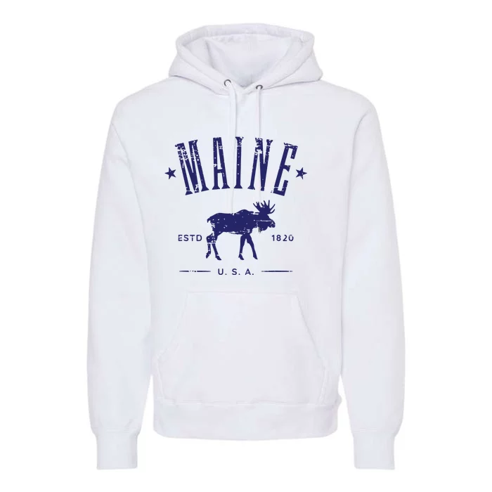 Maine Usa With Moose Distressed Design Souvenir Premium Hoodie