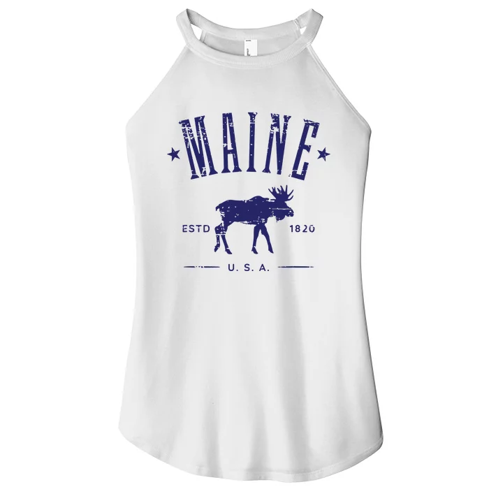 Maine Usa With Moose Distressed Design Souvenir Women’s Perfect Tri Rocker Tank